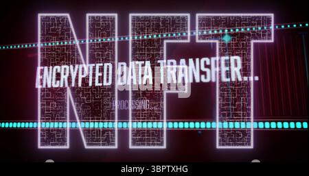 Displaying glowing NFT graphic on interface with turquoise dots, status text showing encrypted data Stock Photo