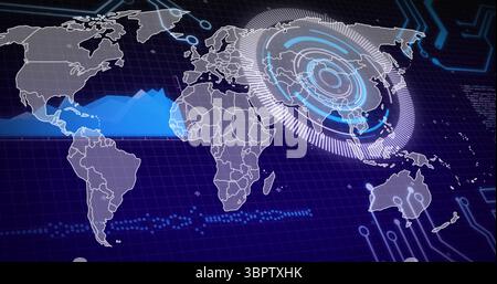 Floating holographic global map projecting over grid background, with HUD target, data markers Stock Photo