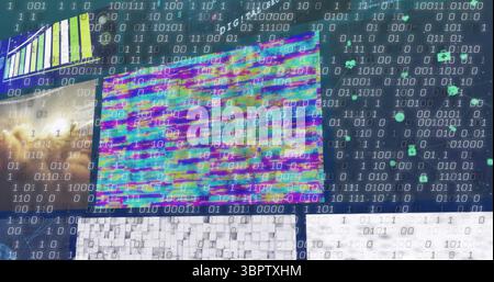 Displaying glitch screen with multicolor bands on dashboard, with bar chart and virus icons Stock Photo