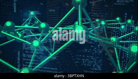 Displaying 3D network in digital space, with glowing green nodes, connecting rods, and code streams Stock Photo