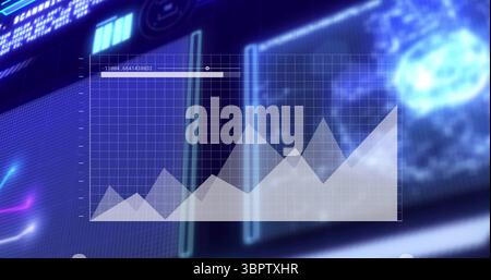 Displaying area chart showing peaks with grid overlay on dashboard with numeric progress bar Stock Photo