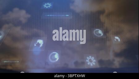 Floating translucent panels displaying tech icons over calm ocean seascape, with dot matrix overlay Stock Photo