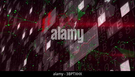 Forming central pixel cluster connecting green network nodes on digital screen, with red streaks Stock Photo