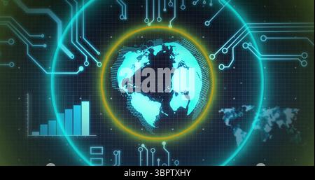 Displaying neon-blue Earth globe on virtual interface, with rings, grid and bar chart Stock Photo
