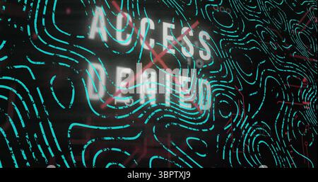 Showing white ACCESS DENIED text with red X on computer screen with neon teal contour lines Stock Photo
