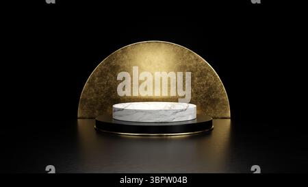 8k High resolution. Marble and gold Pedestal of Platform display with luxury elegant stand podium on golden and black background. Blank Exhibition. Stock Photo