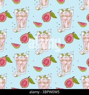 Seamless Pattern Guava Drink with ice cubes and Mint on blue Background with tropical Pink Fruit slices. Summer Refreshing Cocktail. Vector illustrati Stock Vector