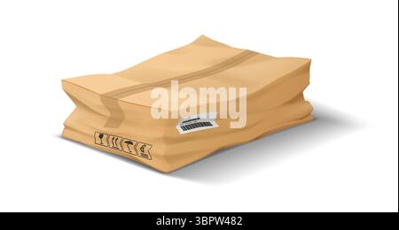 Realistic illustration of a crushed parcel with visible shipping symbols. The brown paper package shows a barcode and damage, set against a plain whit Stock Vector