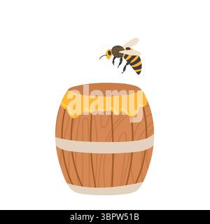 Honey bee hovering near a wooden barrel filled with golden honey Stock Vector