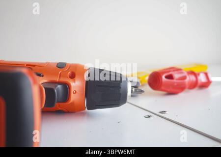 Tools arranged on a workbench for home improvement tasks Stock Photo