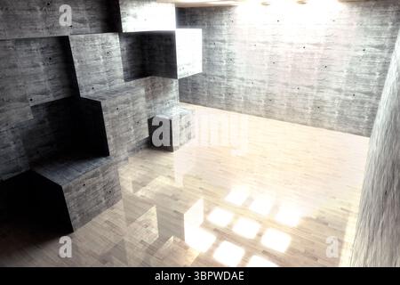 Flat design room is featuring modular concrete cubes on left wall with floor reflecting grid light Stock Photo