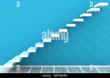 Floating staircase is ascending diagonally on bright blue wall in flat design, copy space Stock Photo