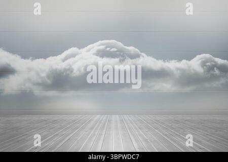 White cloud mural is floating across gray brick wall over light-gray plank floor in flat design Stock Photo