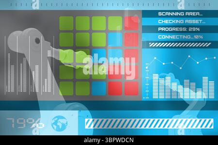 Industrial robotic arm is showing translucent HUD overlay with grid charts and bars in flat design Stock Photo