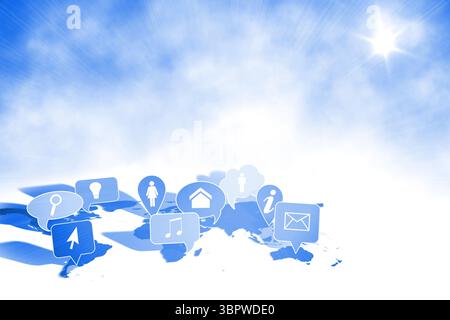 Blue world map is spanning flat design with floating icon markers and starburst light Stock Photo