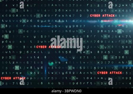 Red glowing 'CYBER ATTACK' text is flashing over flat digital code matrix, with glowing nodes Stock Photo