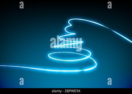 Flat vector glowing blue neon line is coiling and looping in spiral on dark gradient backdrop Stock Photo