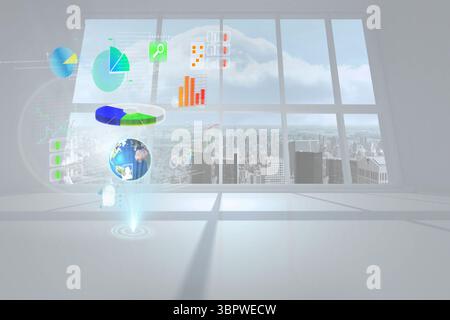 Flat design is displaying holographic charts and rotating globe over floor with tall windows Stock Photo