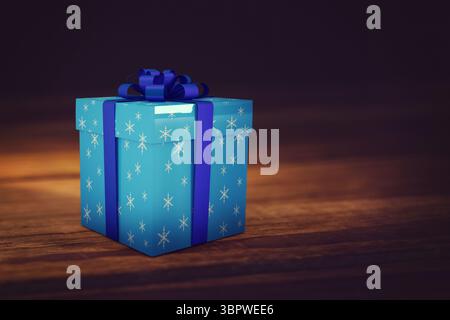 Blue gift box with snowflake-print is sitting on wooden tabletop in 3D render with dark-blue ribbon Stock Photo