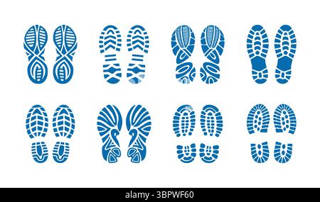 Shoe print set in blue color, featuring various sole patterns and footwear designs. Stock Vector