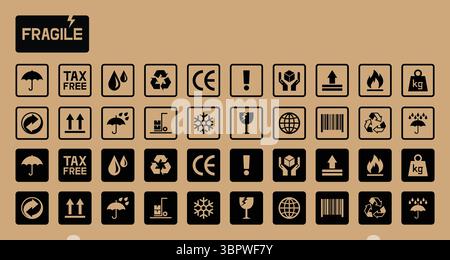 Fragile package icons set, handle with care logistics and delivery shipping labels vector illustration. Stock Vector