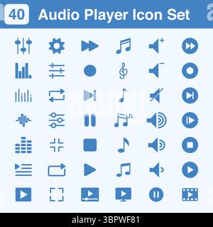 Set of audio control buttons, multimedia interface icons including play, pause, rewind, skip, forward, settings, volume, sliders, shuffle, loop, Stock Vector