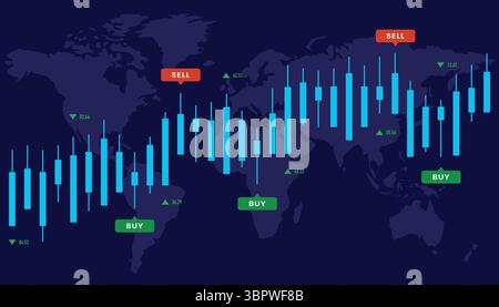 A global financial chart showing a world map in the background with stock market graph and data visualizations overlaid, indicating economic trends Stock Vector