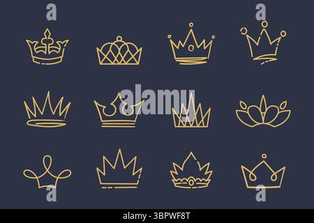 Line art prince and princess luxurious Crowns, Hand drawn crowns set. Gold crown sketch. Queen or king crowns. Stock Vector