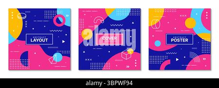 Color square covers with Memphis abstract pattern of geometric shapes, vector backgrounds. Modern or retro Y2K abstract cover layouts with Memphis pattern of minimal geometric figures and simple lines Stock Vector