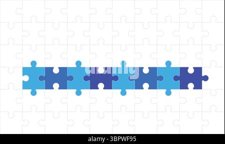 Puzzle style timeline concept of eight dependent components or parts of business project. 8 steps infographic template. Stock Vector