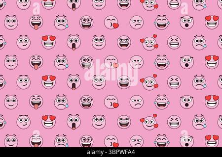 Emoji seamless pattern on a pink background. Seamless pattern with colourful emoticons. Stock Vector