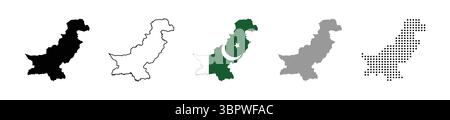 Pakistan map with flag illustration. Different variations of national map of pakistan. Dotted and Grayscale map of Pakistan. Stock Vector