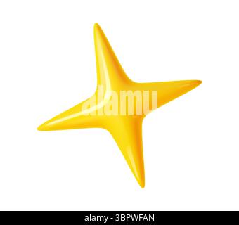 3d realistic four pointed yellow sparkle star. Product rating symbol, magic decoration or game UI element. Three dimensional golden or yellow glossy plastic star isolated vector shape Stock Vector