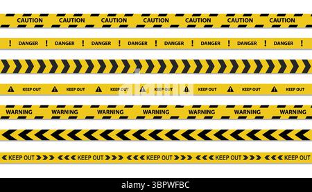 Security barrier yellow tapes. Set warning tapes lines for restriction of criminal accident zones. Stock Vector