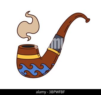 Cartoon groovy pirate smoking pipe with decorative wave patterns, gold accents and curling smoke. Isolated vector nautical object, classic marine curved pipe, evoking a seafaring, adventurous vibe Stock Vector