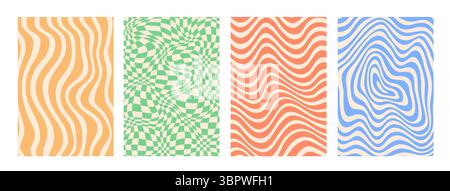 Psychedelic groovy pattern backgrounds set. Vector retro optical illusion with swirled, wavy, checkered and hypnotic distorted ornaments in orange, yellow, blue, red, green. Vintage abstract posters Stock Vector