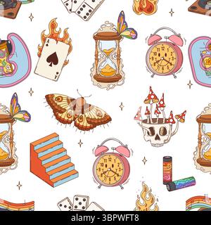Retro hippie groovy seamless pattern. Vector psychedelic mystical tile background featuring surreal and vintage elements like burning playing cards, hourglasses with butterflies, alarm clocks, skulls Stock Vector