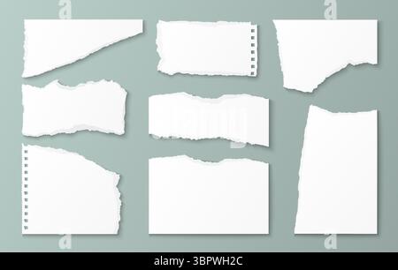 Realistic paper scraps collection with torn edges and ripped textures on mint background - white notebook sheets, strips and fragments with shadows for scrapbook projects, collage crafting designs. Stock Vector