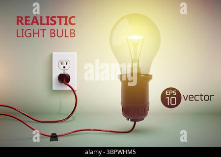Background with realistic shining filament lamp on wire plugged in bulb and power socket on gradient wall background vector illustration Stock Vector