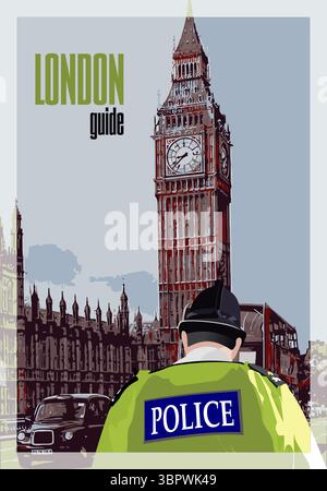 London policeman standing guard with big ben and the palace of westminster in the background Stock Vector