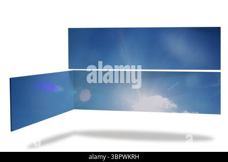 3D render abstract sky panels are hovering over white surface, featuring sun flare and soft shadows Stock Photo