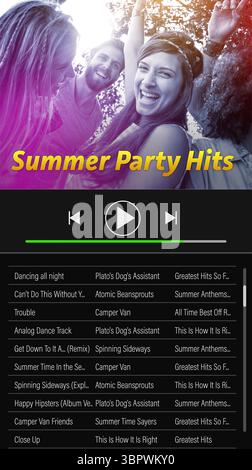 Group of friends is dancing in outdoor flat design, with Summer Party Hits and player controls Stock Photo