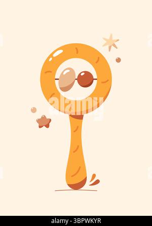 A poster or kid's card with a baby rattle drawn in soft bohemian colors and tiny elements around. Stock Vector