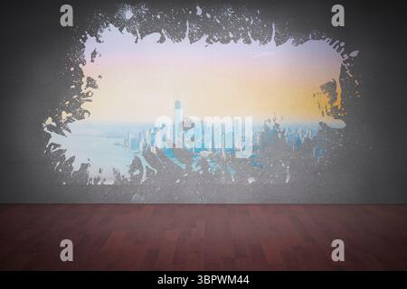 Splash on wall revealing coastline city Stock Photo