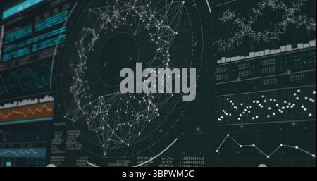 Dark flat design dashboard is displaying circular network graph, line and bar charts, scatter plots Stock Photo
