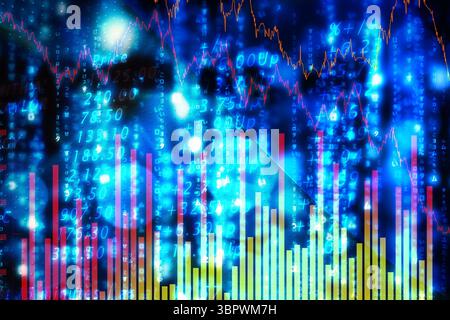 Flat design finance dashboard is showing streaming numeric codes, red yellow bars, neon line graphs Stock Photo