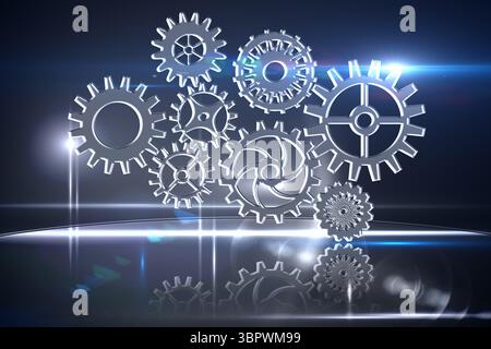 Translucent metallic gears are floating in 3D render on reflective base with blue white lens flares Stock Photo