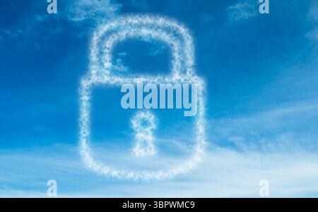 Flat design cloud padlock silhouette is drifting across blue sky, with wispy clouds, keyhole detail Stock Photo