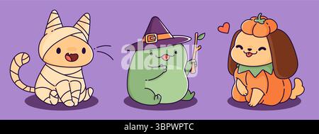 Kawaii Halloween character set - mummy cat with bandages, green frog wearing witch hat, cute puppy in pumpkin costume. Adorable spooky friends for October party decorations or greeting cards. Stock Vector