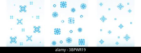 Blue pixel snowflakes on gradient grid background - various geometric patterns made from square shapes. Digital winter elements in retro 8 bit style for game bg, holiday graphic or festive decoration Stock Vector